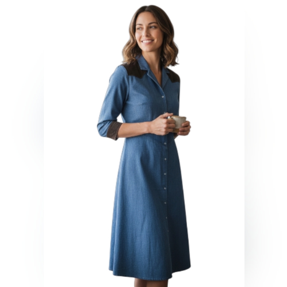 Shyanne Blue Denim Maxi Dress with Brown Corduroy Trim. Large.